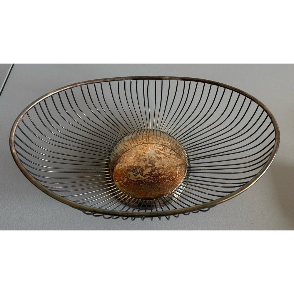 Vintage Leonard Silverplate Wire Fruit Basket MCM Oval Bread Bowl Hong Kong